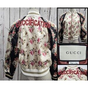 Gucci 'Guccification' Floral Printed Silk Bomber Jacket W Sequins Women's 48 EUC
